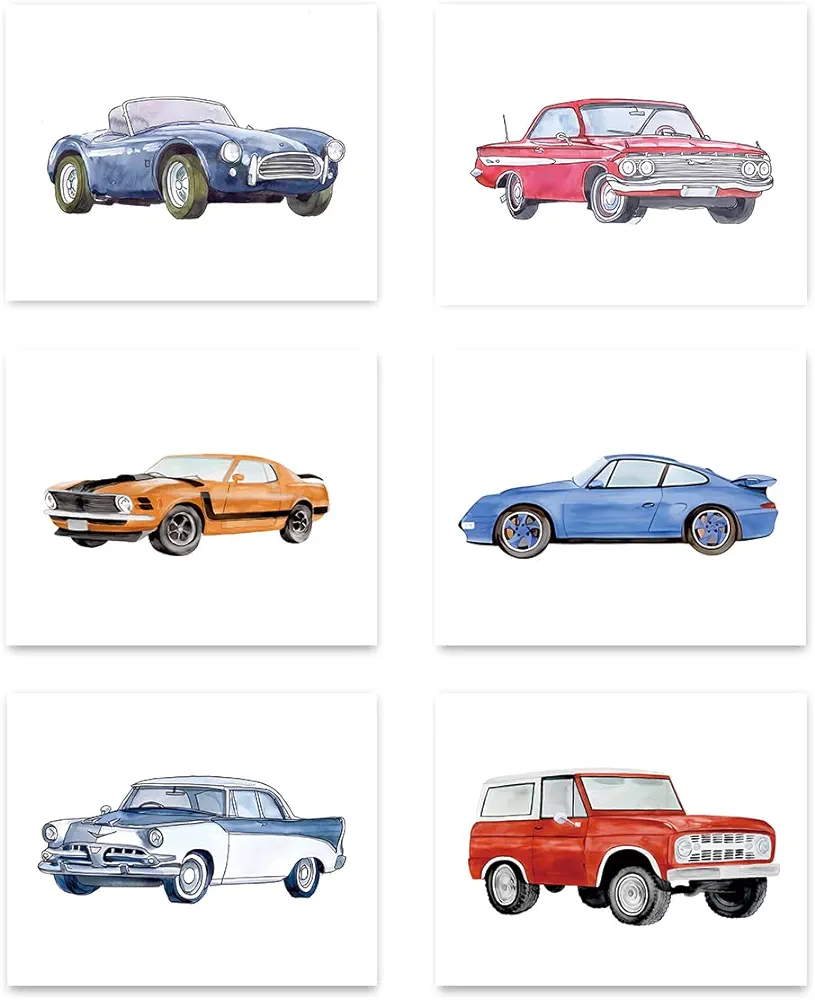 Watercolor Car Wall Art Prints,Modern Classic Car Wall Decor Poster,Retro Racecar Off-Road Vehicle Wall Art Set,Car Nursery Theme Canvas Prints for Boys Room Wall Decor,Set of 6 Unframed (8''x10'')