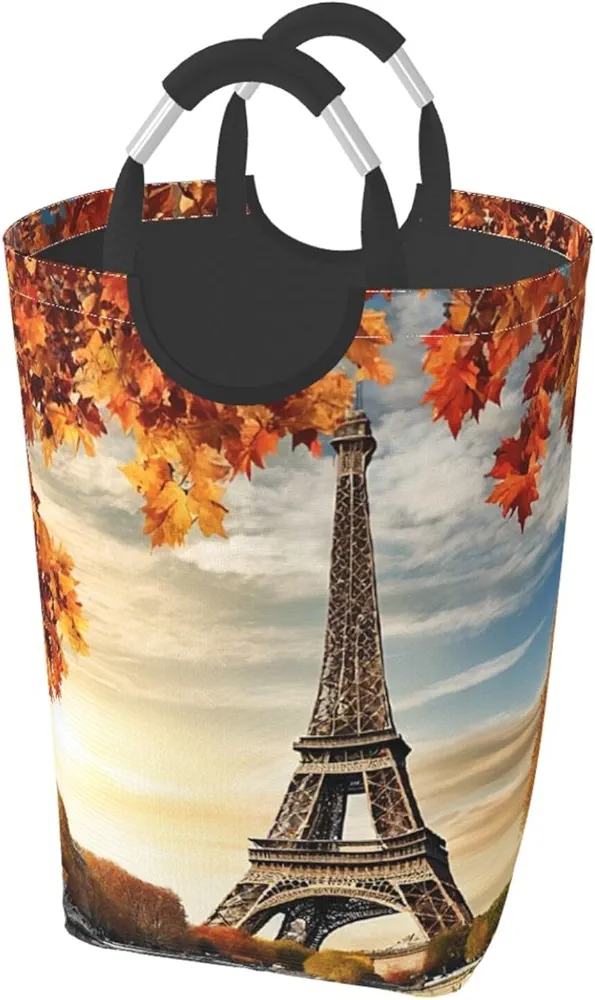 Laundry Basket Collapsible Clothes Hamper for Dirty Clothes, Laundry Bag with Handles Blanket Toys Storage Blanket, Dorm Room Essentials Accessories - Paris Eiffel Tower with Leaves