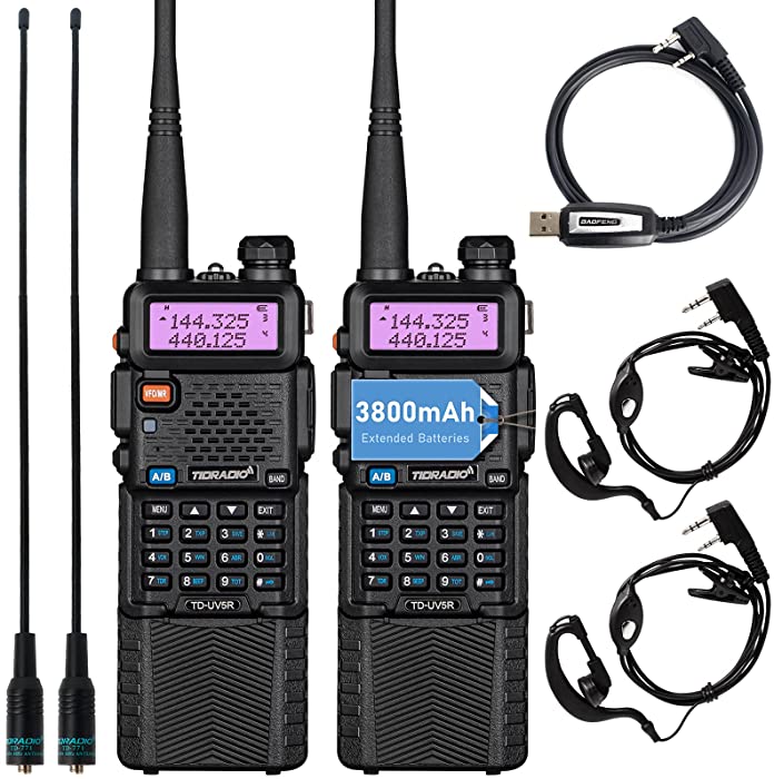 TIDRADIO UV-5R Ham Radio Handheld High Power Walkie Talkie Two Way Radio 144-148Mhz/420-450Mhz with Rechargeable 3800mAh Extended Battery TD-771 Antenna Earpiece and Programming Cable (2 Pack)