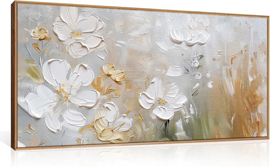 HPNIUB Large Hand-Painted White Flower Framed Wall Art Modern White and Gold Floral Canvas Oil Painting Nature Botanical Wall Decor Abstract Aesthetic Artwork for Living Room Bedroom Decor -20"x40"