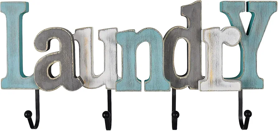 Rustic Wooden Laundry Sign Cutout Letters with Hooks Wall Mounted Wood Word Laundry Sign for Bathroom Laundry Room Home Wall Decor