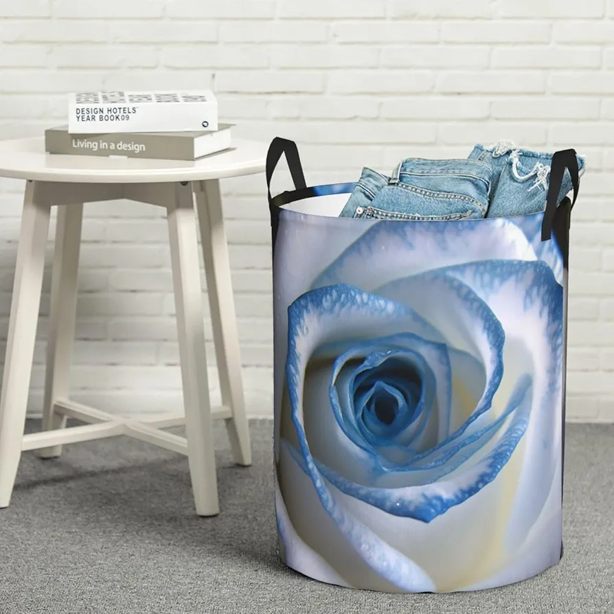 Laundry Basket Waterproof Laundry Hamper With Handles Dirty Clothes Organizer Blue And White Rose Print Protable Foldable Storage Bin Bag For Living Room Bedroom Playroom, Small, Black