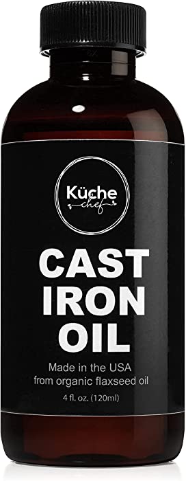 Organic Cast Iron Oil & Cast Iron Conditioner (4 oz) - Made from Flaxseed Oil grown and pressed in the USA - Creates a Non-Stick Seasoning on All Cast Iron Cookware