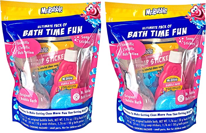 Mr. Bubble Kids Ultimate Pack of Bath Time Fun (Original Bubble Bath 2.5oz, Bath Fizzer 50g, Soap Stickers 10g, Bath Potion 50g)