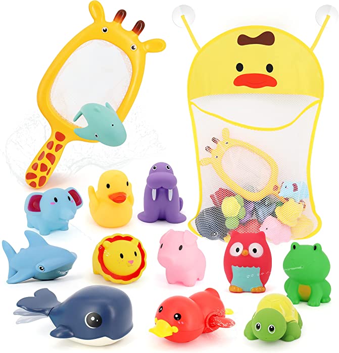 KIMSTONE 13 Pieces Baby Bath Toys with 1 pcs Bath Toy Storage & Organizer Bag for Tub Fishing Game and Pool Toys for Toddlers 1-3