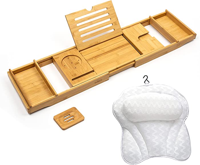 SMIRLY Bamboo Bathtub Tray Expandable: Bamboo Bath Tray for Tub with Book Stand, Bamboo Bathtub Caddy Tray for Luxury Bath, Bamboo Bath Caddy Tray for Tub, Bath Tub Table Caddy, Bath Tub Tray for Bath