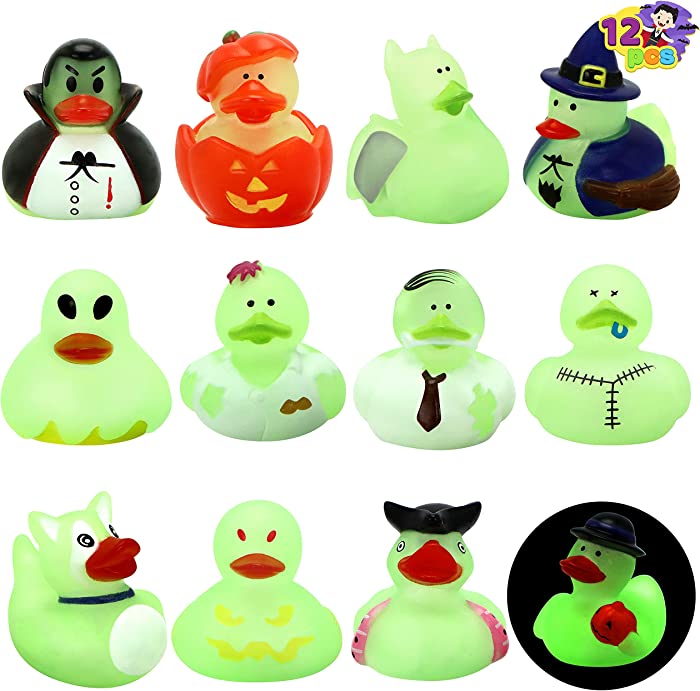 JOYIN 12 Pcs Glow-in-The-Dark Halloween Bath Rubber Duckies, Trick or Treat Giveaways, Halloween Themed Gifts, Rubber Ducky Squirt Squeaker Party Favor