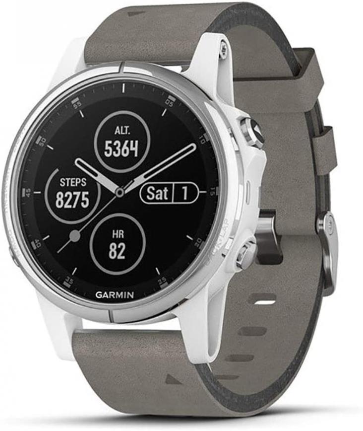 Garmin fenix 5S Plus, Smaller-Sized Multisport GPS Smartwatch, Features Color Topo Maps, Heart Rate Monitoring, Music Contactless Payment, Silver/White with Gray Suede Band