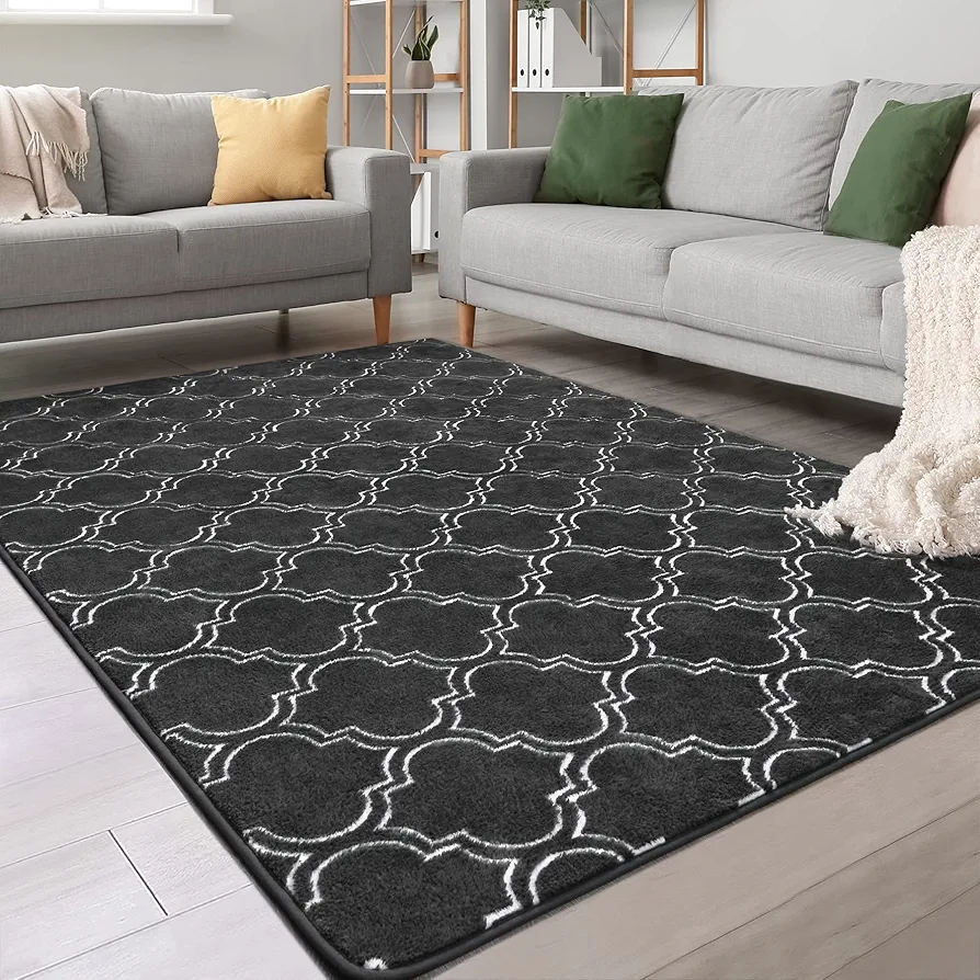 Chicrug Shag Geometric Modern Area Rug for Bedroom, 6x9 Feet Memory Foam Indoor Carpet, Fluffy Rug for Living room Bedside Room Decor for Family Girls Kids Nursery Play Mat, Dark Grey/White