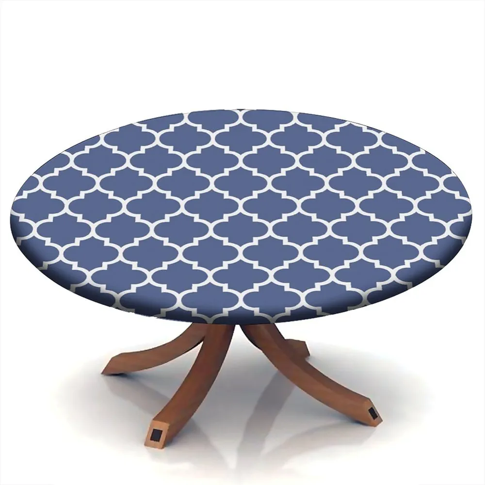 Moroccan plaid Fitted Tablecloths Round, Navy Blue Lattice Elastic Edge Polyester Home Decor Table Cover, Fit for 24" Round Table, Erasable Washable Table Clothes For Living Room Dining Room Use