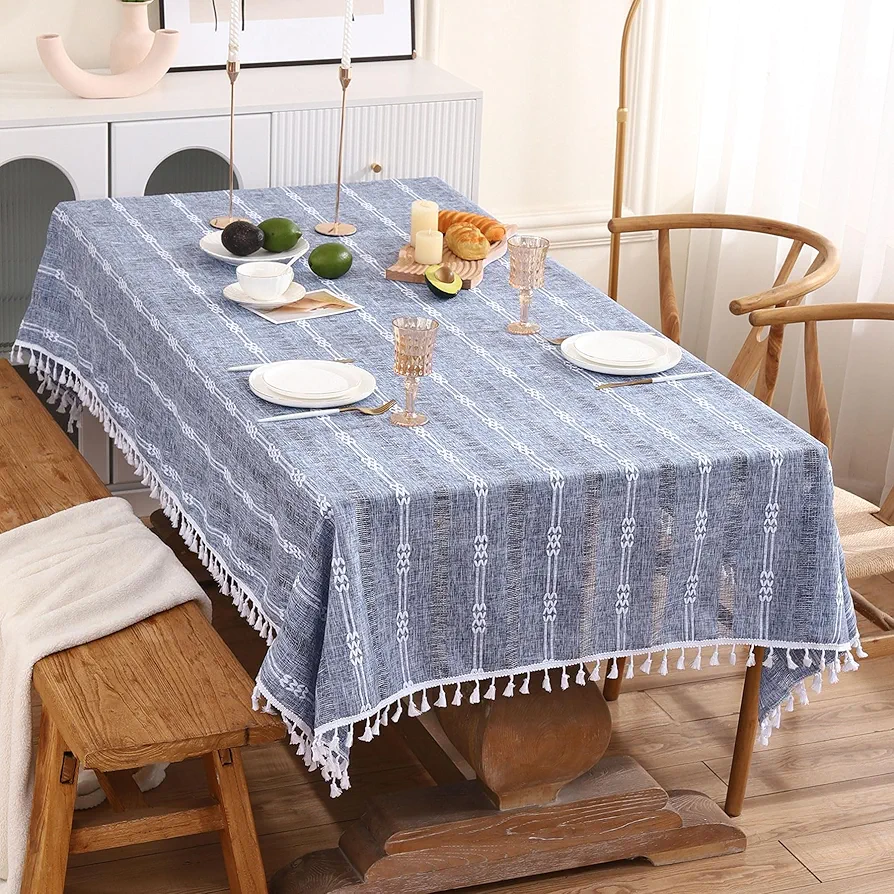 Table Cloth Rectangle Table,Rustic Farmhouse Tablecloth Rectangle, Tassel Openwork Wrinkle Resistant Washable Table Cloths for Dining Room Decoration (Blue, 55"x86")