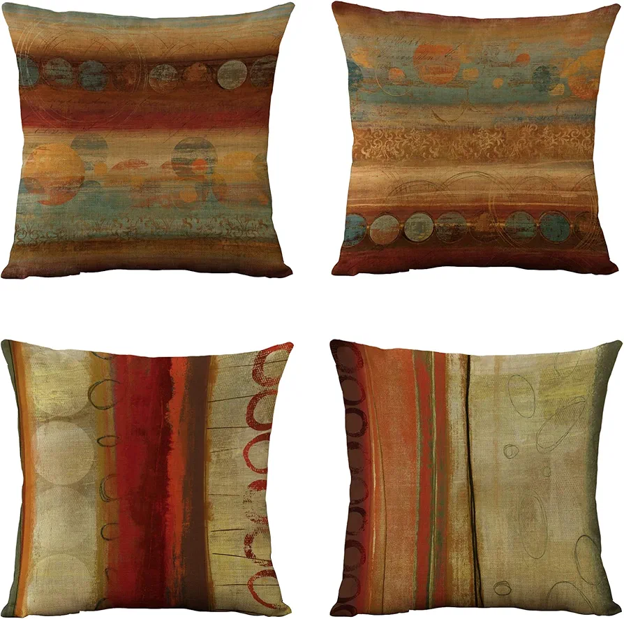 WOMHOPE Set of 4 Retro Throw Pillow Covers Oil Painting Burlap Toss Decoration Pillow Cases Square Cushion Cases 18 x 18 Inch for Living Room,Couch and Bed (Brick red)