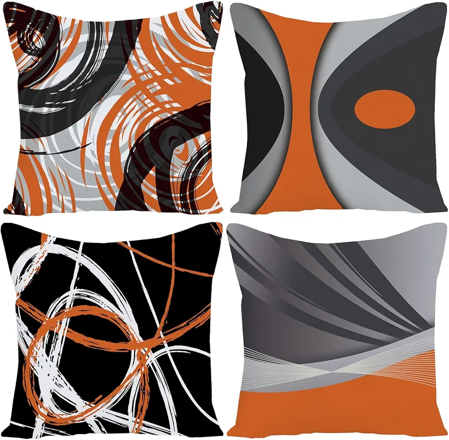 Set of 4 Throw Pillow Covers Modern Abstract Orange Stripes Gray Black White Acrylic Bold Grey Decorative Pillow Cases Home Decor Square 18x18 Inches Pillowcases