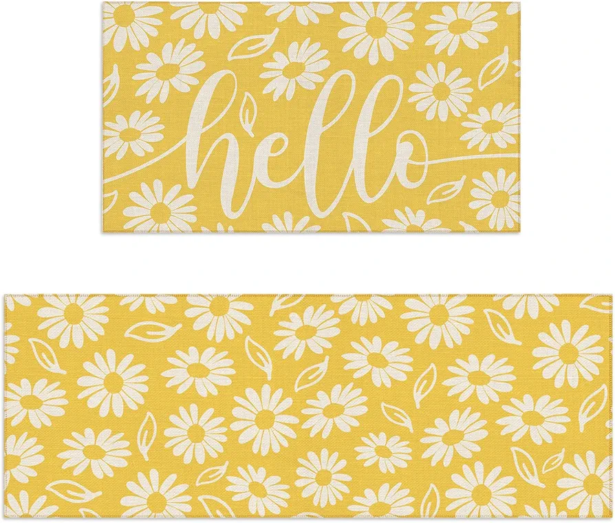 Yellow Daisy Spring Kitchen Rugs Set of 2 Flower Door Mat White Floral Non Slip Floor Rugs for Home Kitchen Room Decor Supplies