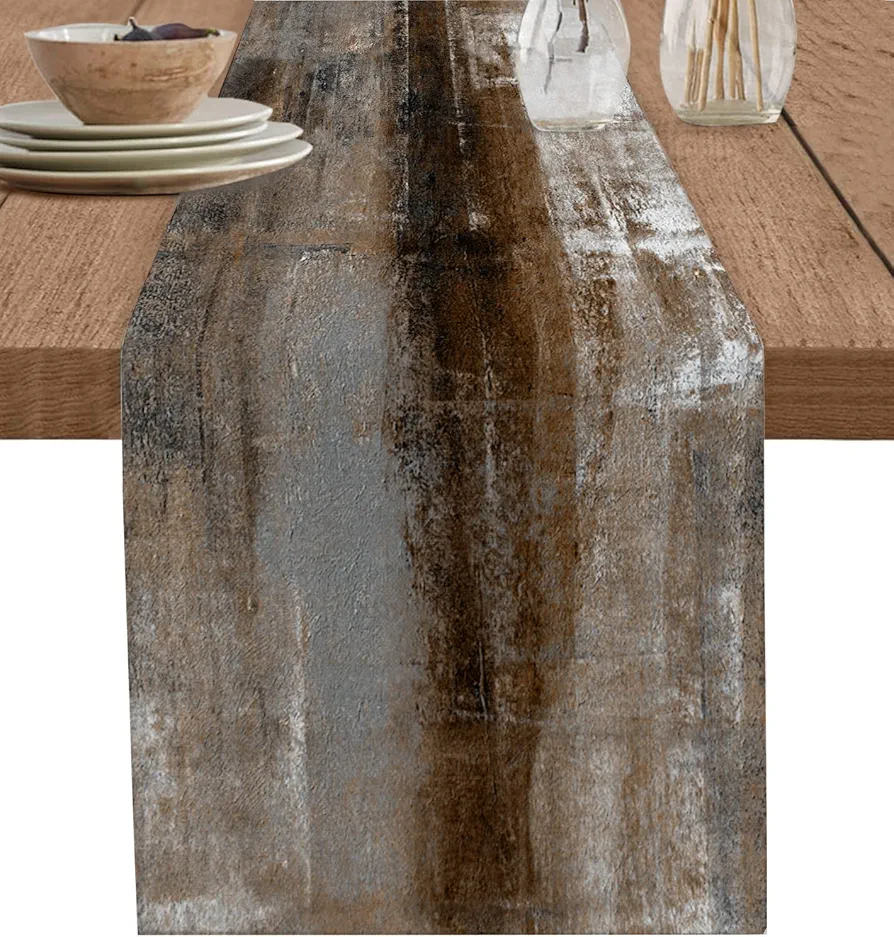 Dark Brown Table Runner - 90 Inch Long, Oil Modern Paintings Abstract Kitchen Dining Table Runner Dresser Scarves, Geometric Artwork Grey and Brown Tablerunner for Coffee Table Wedding Party Banquet