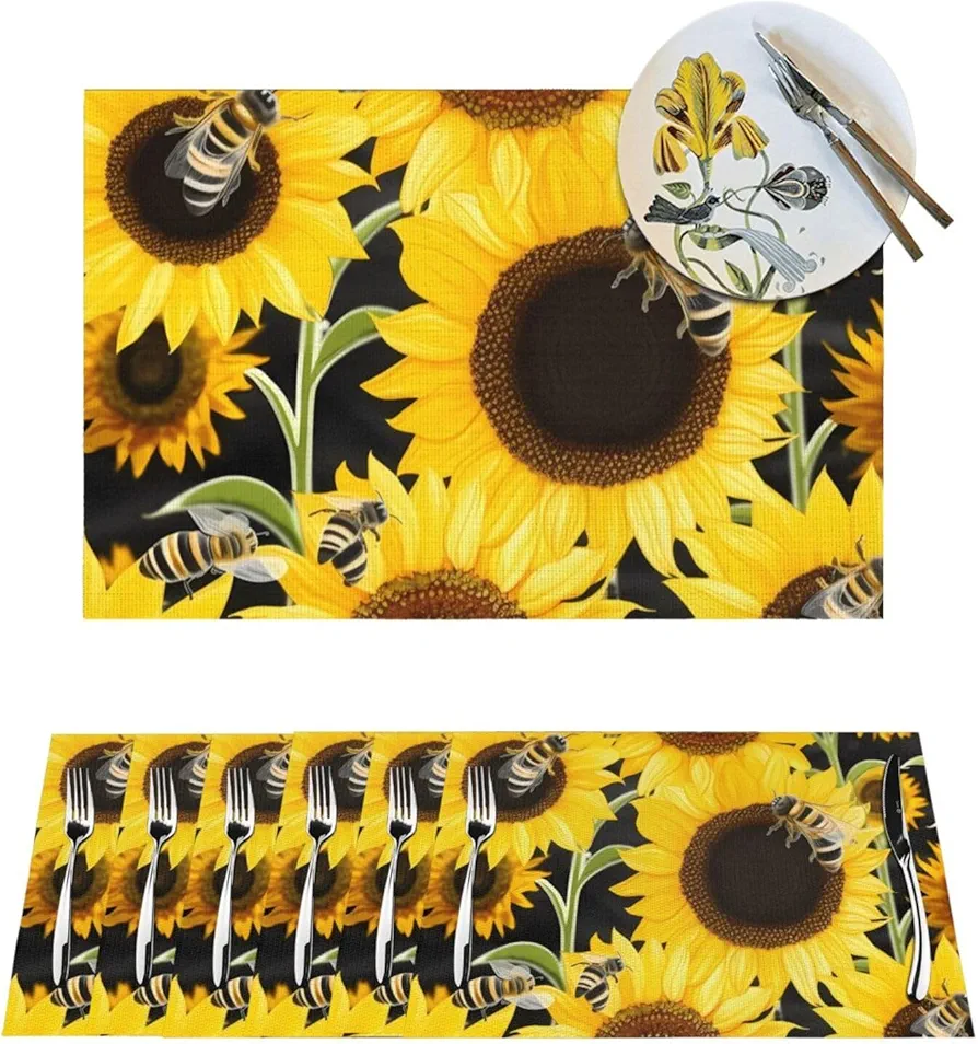 Sunflower Bees Print Placemats Set of 6 Washable Heat Resistan Woven Place Mats Non-Slip Wipeable Vinyl Table Mat for Kitchen Dining Room Table Decoration 18 X 12 in