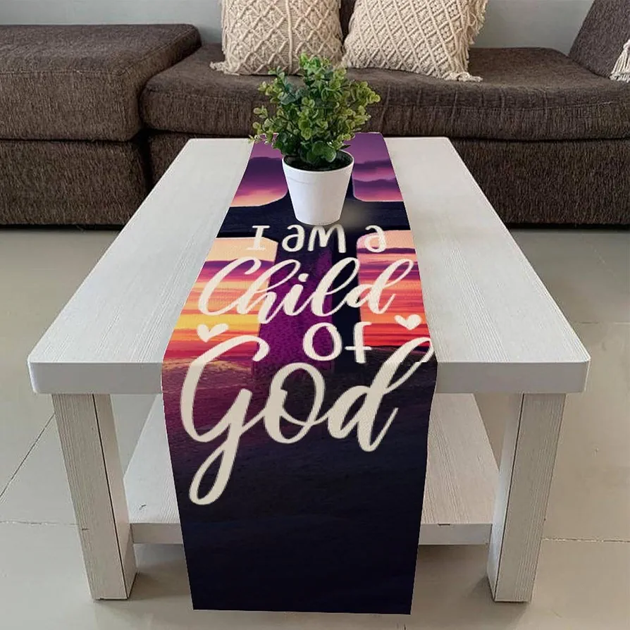 Modern Cotton Linen Table Cloth Runners I Am A Child of God Dresser Scarf 13x70inch Table Runner Living Room Holiday Dining Table Decor for Holidays Anniversary