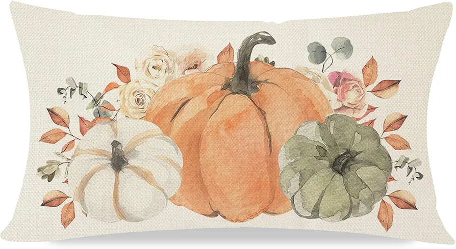 Boho Pastel Orange Green White Pumpkin Fall Throw Pillow Cover 12x20 Inch Floral Autumn Farmhouse Thanksgiving Decorations Lumbar Decorative Throw Pillows Cases for Home Living Room Decor