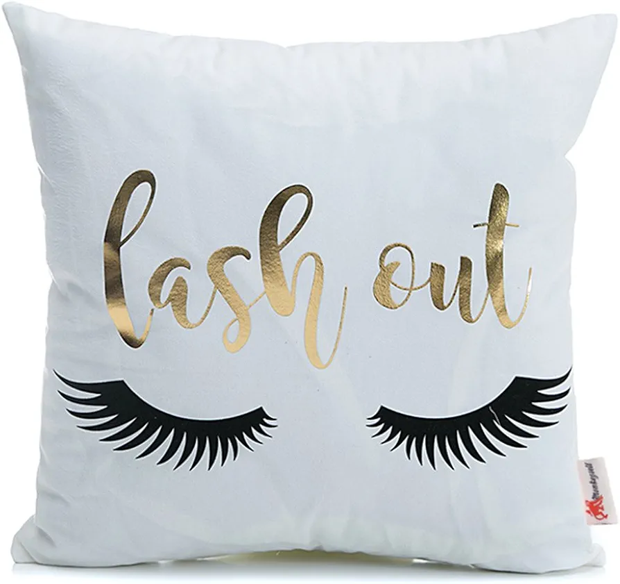 Monkeysell White Gold Throw Pillow Cover 18 x 18, Bronzing Flannelette Home Pillowcases Eyelashes Letters Lash Pillowcases for Bedroom Kitchen Couch Sofa Decoration.