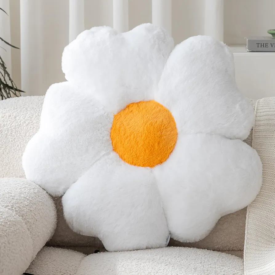 Flower Pillow, Flower Shaped Pillow and Floor Seating Cushion, Aesthetic Room Décor Throw Pillow for Bedroom, Living Room, Kids Room, Bed, Couch, Sofa, Chair, 17.7 Inch (White)