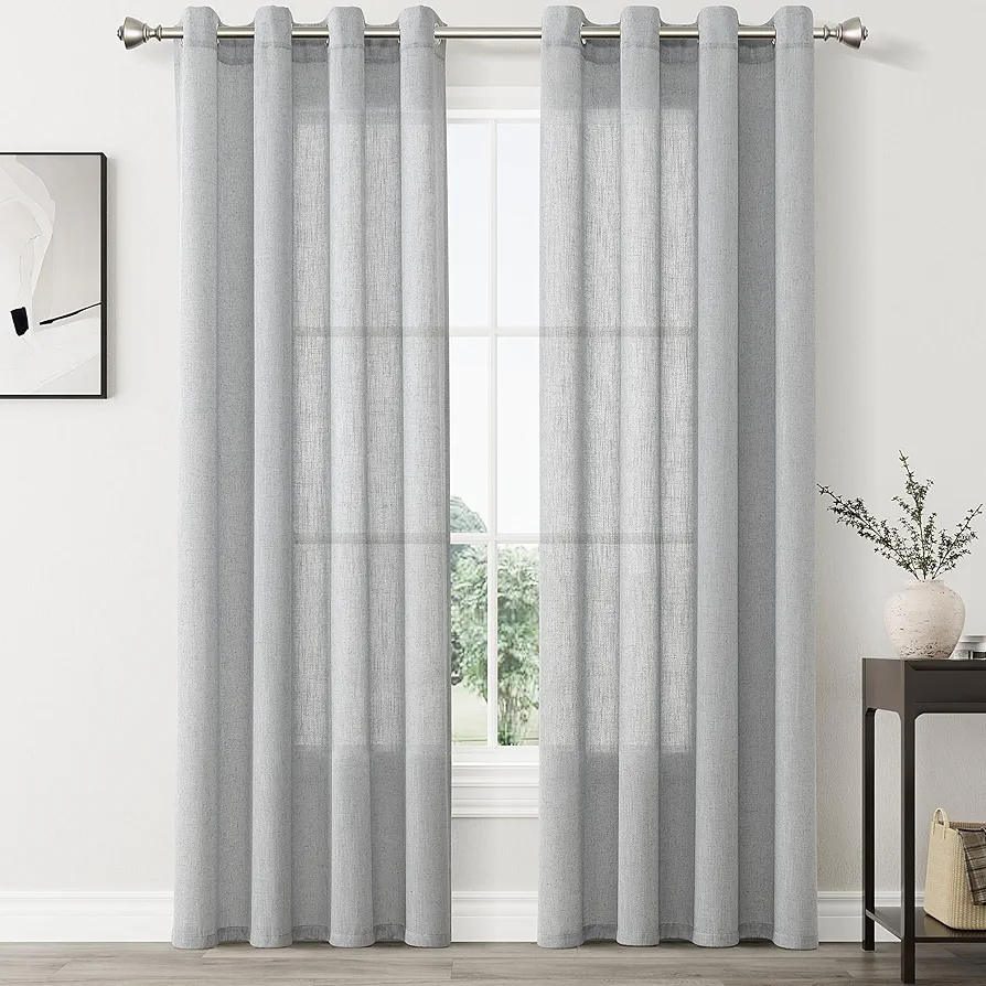 Linen Blend Gray Sheer Curtains 84 inches Long 2 Panels Sets for Living Room Grommet Semi Sheer Light Filterinig Bedroom Window Panels Neutral Tone Modern Minimalist Room Decor Light Grey Drapes