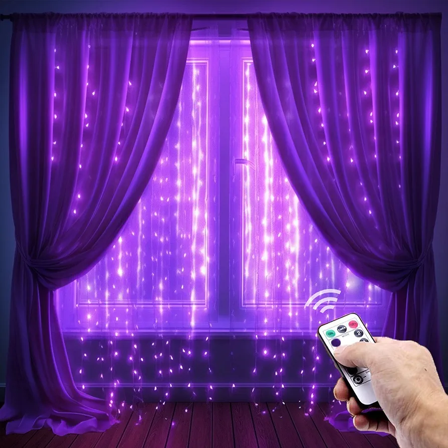 300 LED Curtain String Lights, Twinkle Fairy Lights for Bedroom with 8 Lighting Modes, USB Christmas Lights for Party Home Bedroom Indoor Wall Room Decor (Purple)