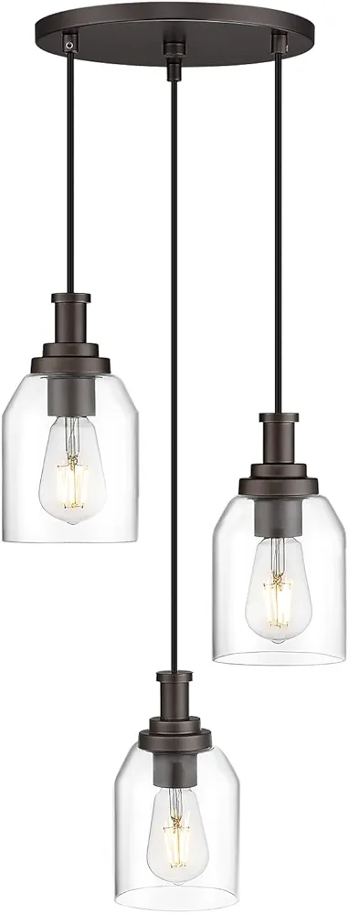 zeyu 3-Light Pendant Lighting, Adjustable Farmhouse Cluster Pendant Light for Kitchen Dining Room, Oil Rubbed Bronze Finish with Clear Glass Shade, ZG33-3 ORB