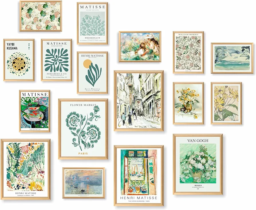 17 PCS Matisse Wall Prints for Bedroom, Sage Green Wall Art Decor, Matisse Wall Art Exhibition Posters, Wall Collage Kit Pictures for Living Room, Eclectic Boho Vintage Dorm Gallery Home Decor