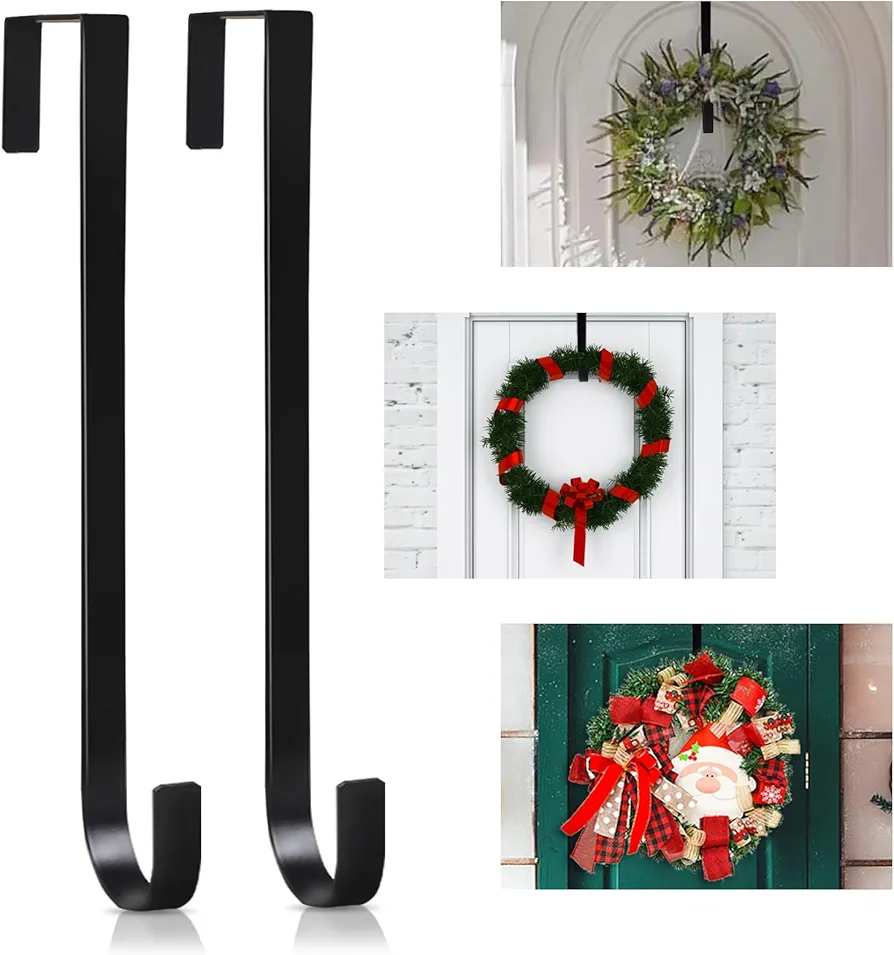 PECULA 2 Pack 14” Wreath Hangers for Front Door, Wreath Door Hanger 40lb Load-bearing, Metal Wreath Hanger for Welcome Sign, Door Wreath Hanger for Christmas Halloween Easter Decoration (Black)