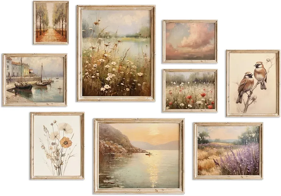 Farmhouse Wall Decor Vintage Posters for Room,Netural Boho Wall Art,Eclectic French Country Flower Art Prints,,Nature Landscape Sunset Clouds Cottagecore Gallery Wall Pictures for Bedroom Living Room