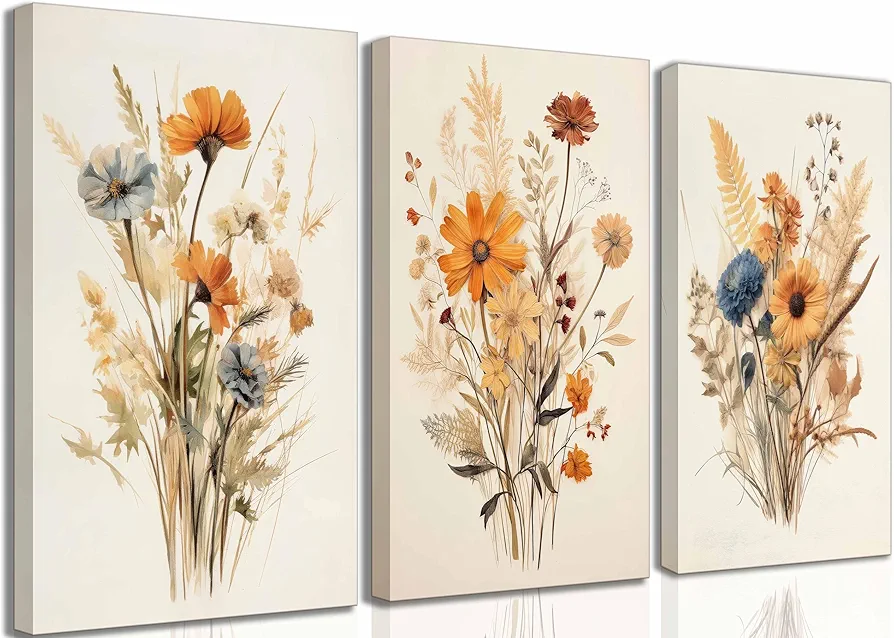 3Pcs Framed Vintage Wildflower Canvas Wall art Country Farmhouse Watercolor Flower Botanical Painting Pictures Wall Decor Floral Poster Print Artwork for Bedroom Living Room Girls Room Decoration