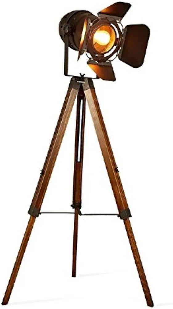 Decoluce Vintage Tripod Floor Lamp, Height Adjustable Wooden Camera Tripod Rotatable Spotlight Tall Standing Light, Nostalgic Cinema lamps for Living Room, Bedroom, Studios Decor(Black)