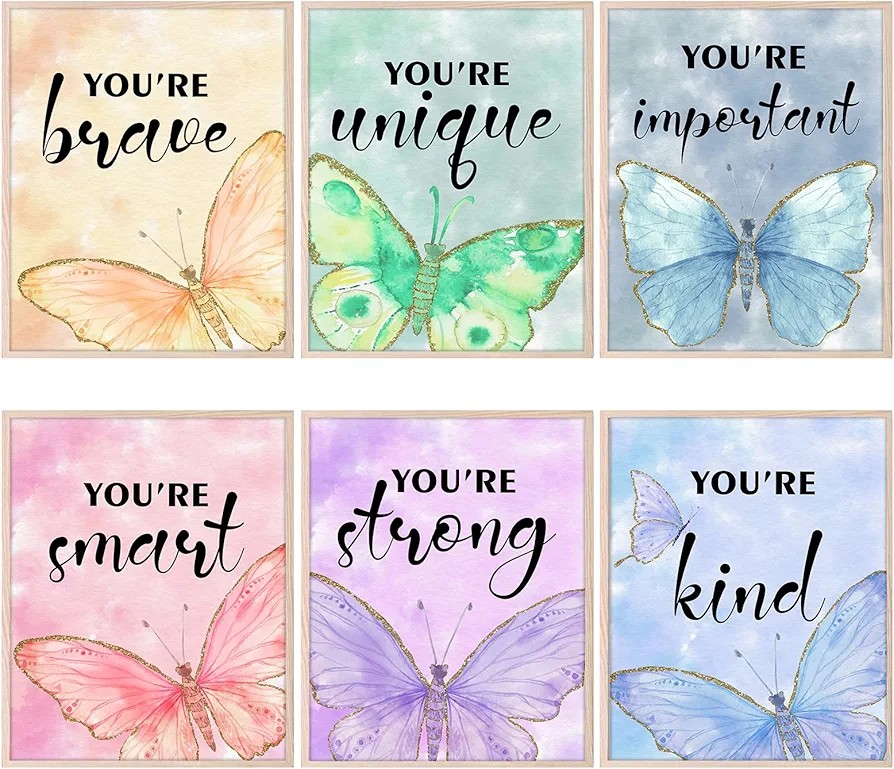 HOMANGA Wall Art Posters, Butterfly Wall Decor for Girls Room, 8X10 Inch, Unframed, Set of 6