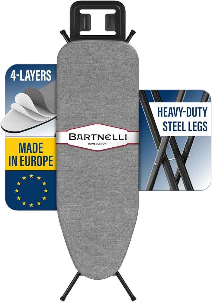 Bartnelli Ironing Board Made in Europe | Iron Board with 4 Layered Cover & Pad, Height Adjustable up to 36" Features A Safety Iron Rest, 4 Steel Legs, for Home Laundry Room or Dorm Use (43x14)