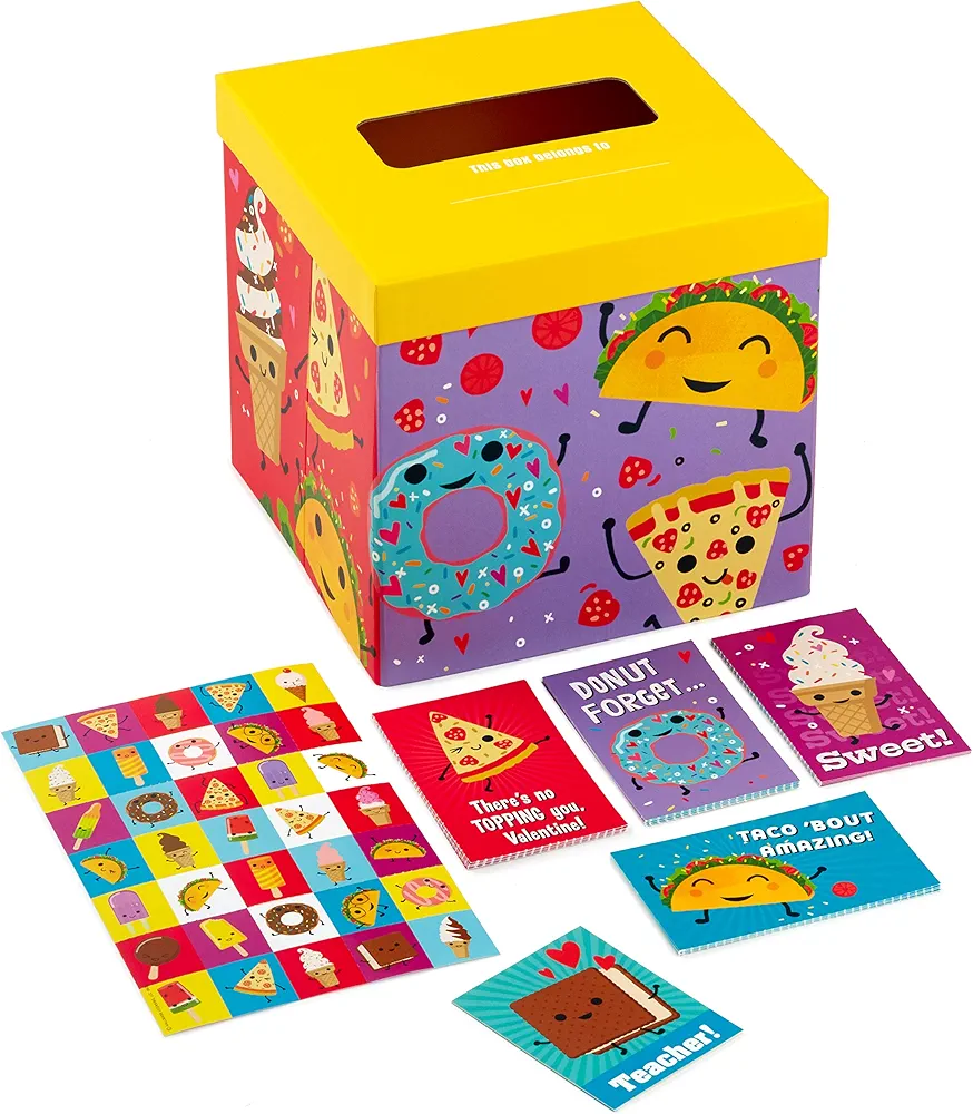 Hallmark Valentines Day Cards and Mailbox for Kids School Classroom Exchange, Punny Foods (1 Box, 32 Valentine Cards, 35 Stickers, 1 Teacher Card)