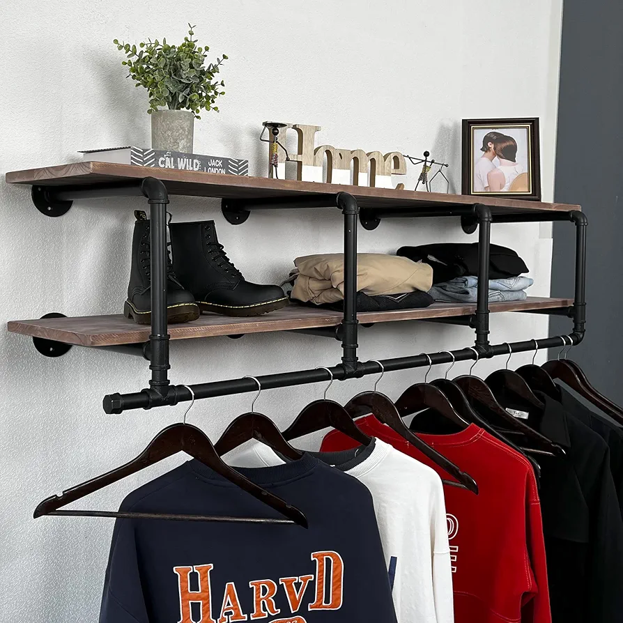 60In Industrial Pipe Clothing Rack with Top Shelf, Space-Saving Wall Mounted Clothes Rack 2 Tiers Pipe Shelves, Shelf with Hanging Rod for Laundry Room, Closet Storage