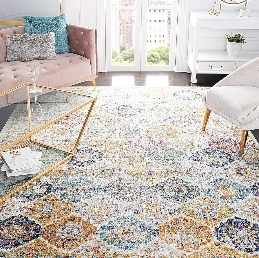 SAFAVIEH Madison Collection Area Rug - 9' x 12', Cream & Multi, Boho Chic Distressed Design, Non-Shedding & Easy Care, Ideal for High Traffic Areas in Living Room, Bedroom (MAD611B)