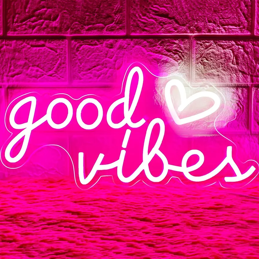 Good Vibes Neon Sign for Wall Decor, Good Vibes Neon Lights Sign, 16"x8" Heart and Good Vibes LED Signs for Bedroom Wall, USB Operated Pink Goodvibes LED Neon Lights Sign for Room Wall Decor