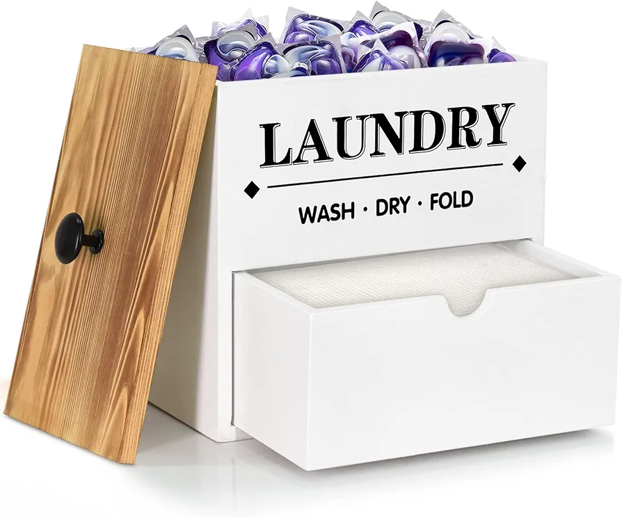 Dryer Sheet Holder with Drawer and Lid, Wood Dryer Sheet Dispenser and Laundry Pods Container for Laundry Room Organization and Storage, Laundry Pod Holder Wall Mount for Laundry Room Decor (White)