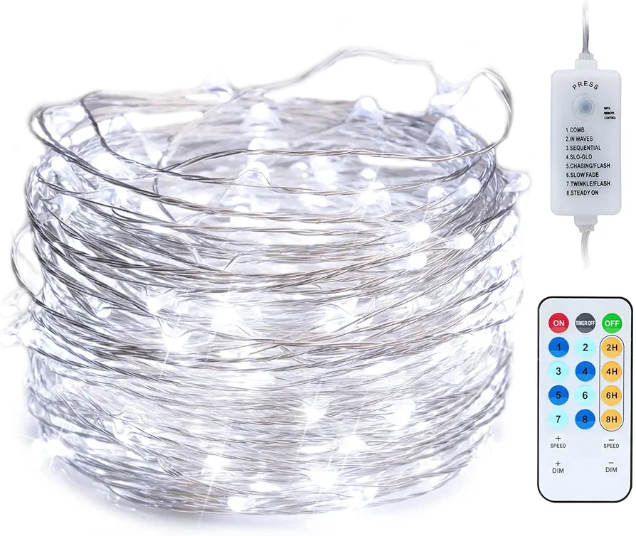 USB Fairy String Lights, 40FT 120LED Firefly String Lights, 8 Lighting Modes Twinkle Lights for Bedroom Halloween Christmas Tree Wreath Party Wedding Baby Shower Decoration, Pure White