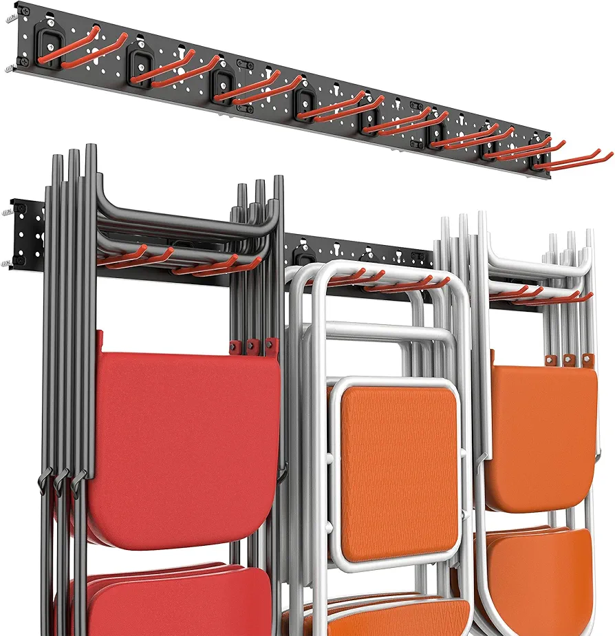 Wallmaster Wall Mount Garage Organizer Tool Storage Rack, Heavy Duty Folding Chair Hangers with 8 Adjustable Hooks, 48-inch Tracks, Max Load 300lbs