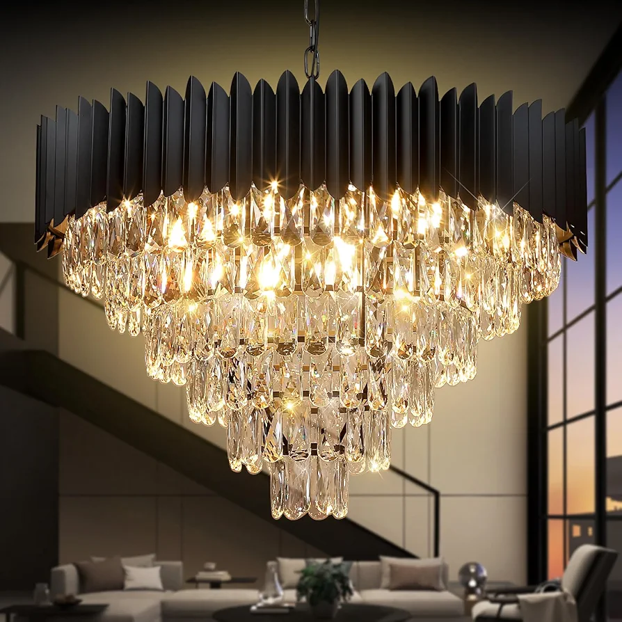 Large Crystal Chandeliers Modern 30”Black Ceiling Chandeliers Fixture for High Ceiling 6 Tiers Round Pendant Chandeliers for Foyer Living Room Staircase Dining