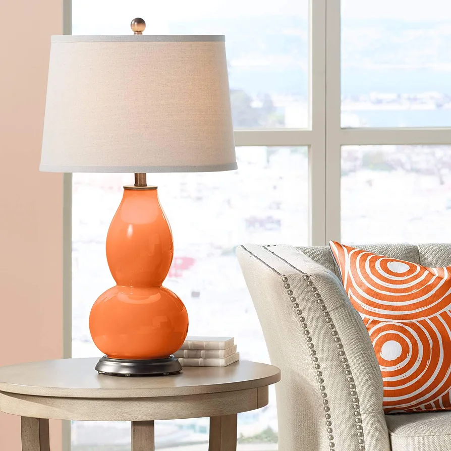 Color + Plus Modern Table Lamp 28 3/4" Tall Invigorate Orange Glass Double Gourd Off White Tapered Drum Shade for Bedroom Living Room House Home Bedside Nightstand Office Entryway Family