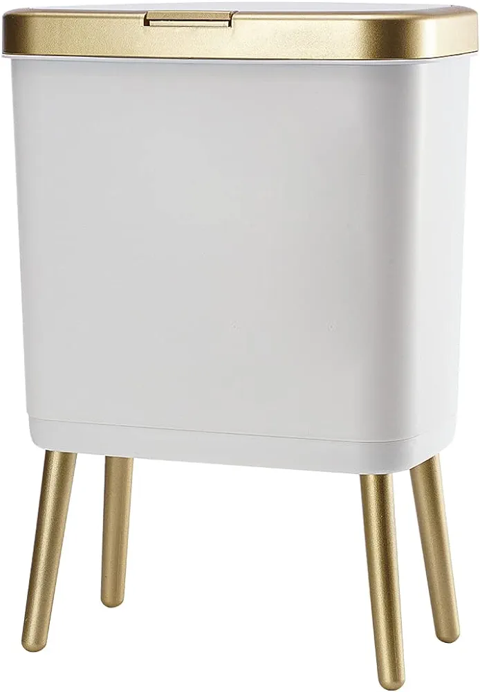 Bathroom Trash Can with Lid, Plastic Garbage Can with Lid, 4 Gal Gold Trash Bin with Push Button, Narrow White Trash Can Waste Basket for Bedroom, Living Room,Office，Dog Proof Trash Can