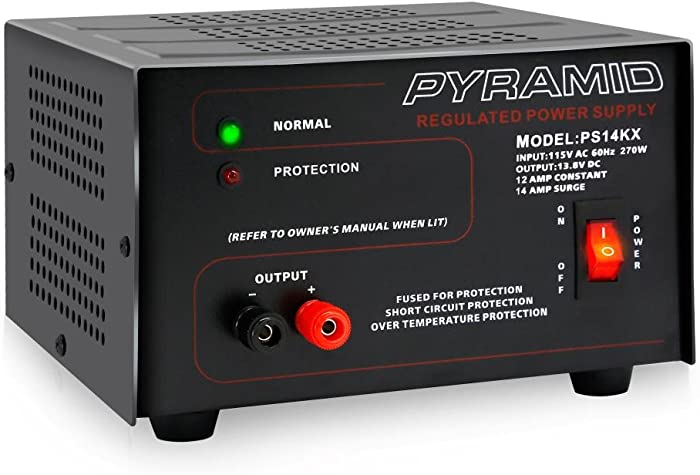 Universal Compact Bench Power Supply - 12 Amp Linear Regulated Home Lab Benchtop AC-to-DC 12V Converter w/ 13.8 Volt DC 115V AC 270 Watt Power Input, Screw Type Terminals, Cooling Fan - Pyramid PS14KX