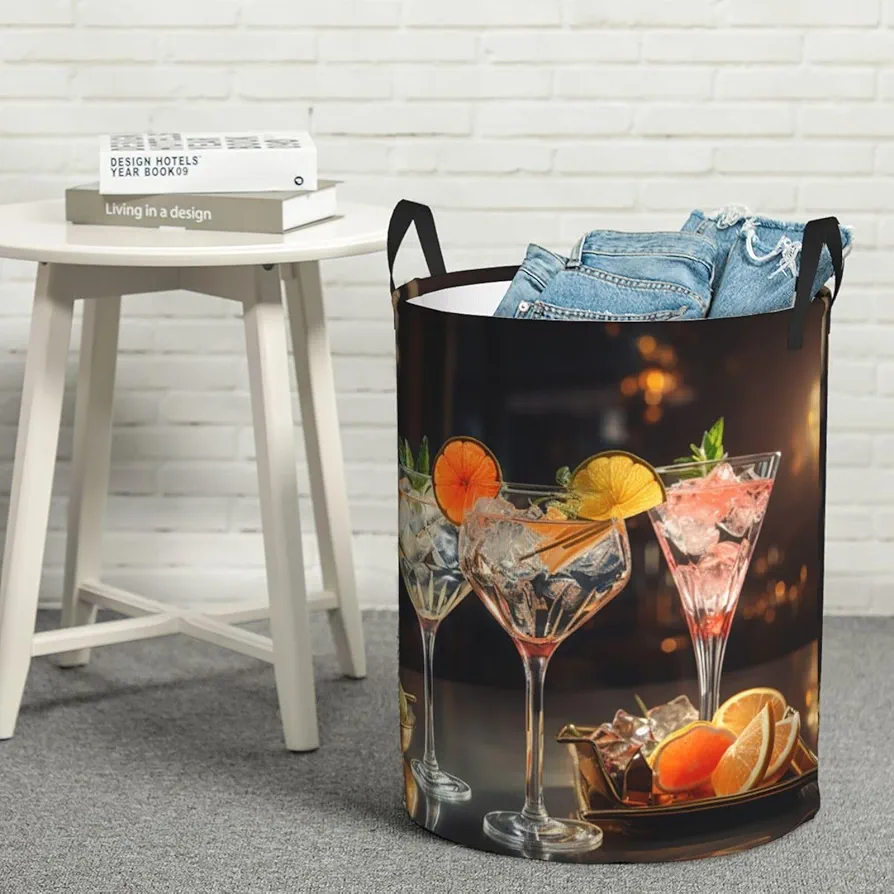 Laundry Basket Waterproof Laundry Hamper With Handles Dirty Clothes Organizer Cocktail Party Print Protable Foldable Storage Bin Bag For Living Room Bedroom Playroom, Small, Black