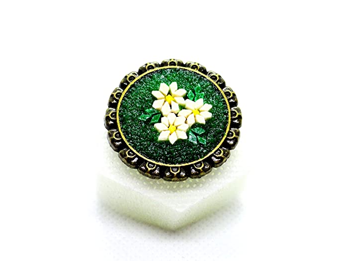 Handmade Natural Stone Mosaic Ring Carnations Patterned Antique Colored Jewelery With An Elegant Frame