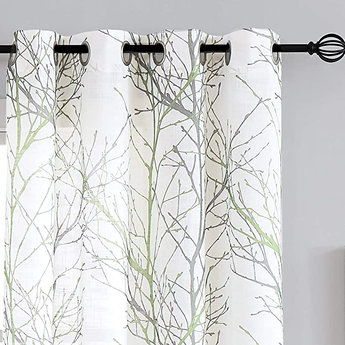 FMFUNCTEX Green Sheer White Curtains 84” for Living Room Grey Tree Branches Print Curtain Set Linen Textured Semi-Sheer Window Drapes for Bedroom Grommet Top, 2 Panels