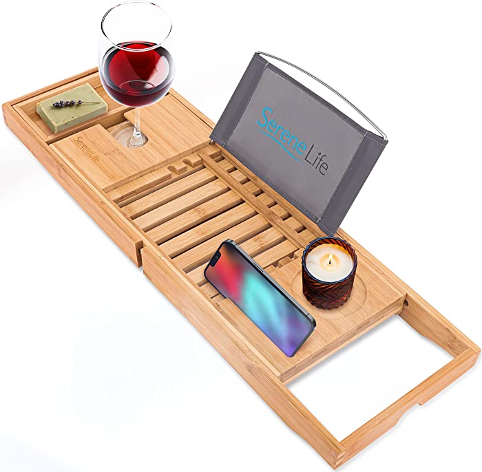 Luxury Bamboo Bathtub Caddy Tray - Adjustable Natural Wood Bath Tub Organizer with Wine Holder, Cup Placement, Soap Dish, Book Space & Phone Slot for Spa, Bathroom & Shower - SereneLife SLBCAD20