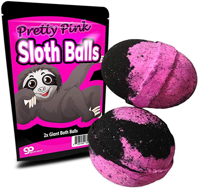 Pretty Pink Sloth Balls Bath Bombs - Happy Sloth Design - XL Bath Fizzers for Women - Pink and Black, Handcrafted in America, 2 pk